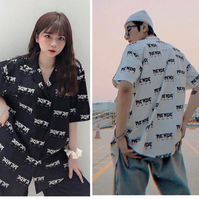 Áo Sơ Mi Hoạ Tiết Hình Chữ Tay Ngắn Cổ Vest Thời Trang Unisex Vải Lụa Chéo