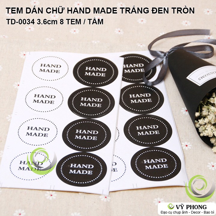 TEM DÁN STICKER CHỮ HAND MADE TRẮNG ĐEN NHÃN DÁN NIÊM PHONG TRANG TRÍ HỘP QUÀ BAO BÌ BÁNH KẸO TD-0034