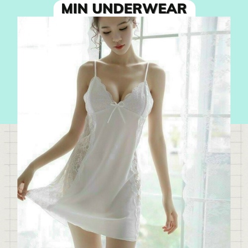 Combo Váy Ngủ 2 Dây Lụa Satin Và Quần Lót Nữ Lọt Khe Phối Ren Sexy Min Undewear 128980