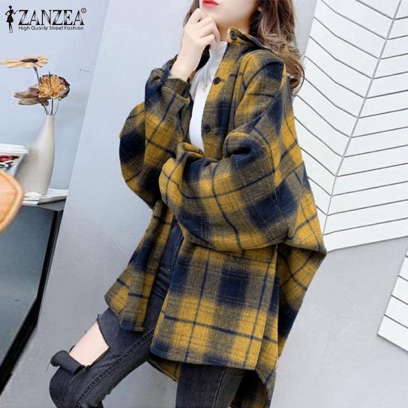 Áo khoác sơ mi ZANZEA dáng rộng in họa tiết kẻ sọc caro cổ bẻ viền thấp và cao cho nữ