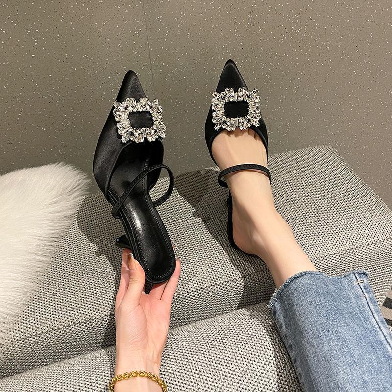 Dép cao gót da lộn mũi nhọn màu đen đính đá phong cách Pháp sang trọng thời trang 2022 cho nữ