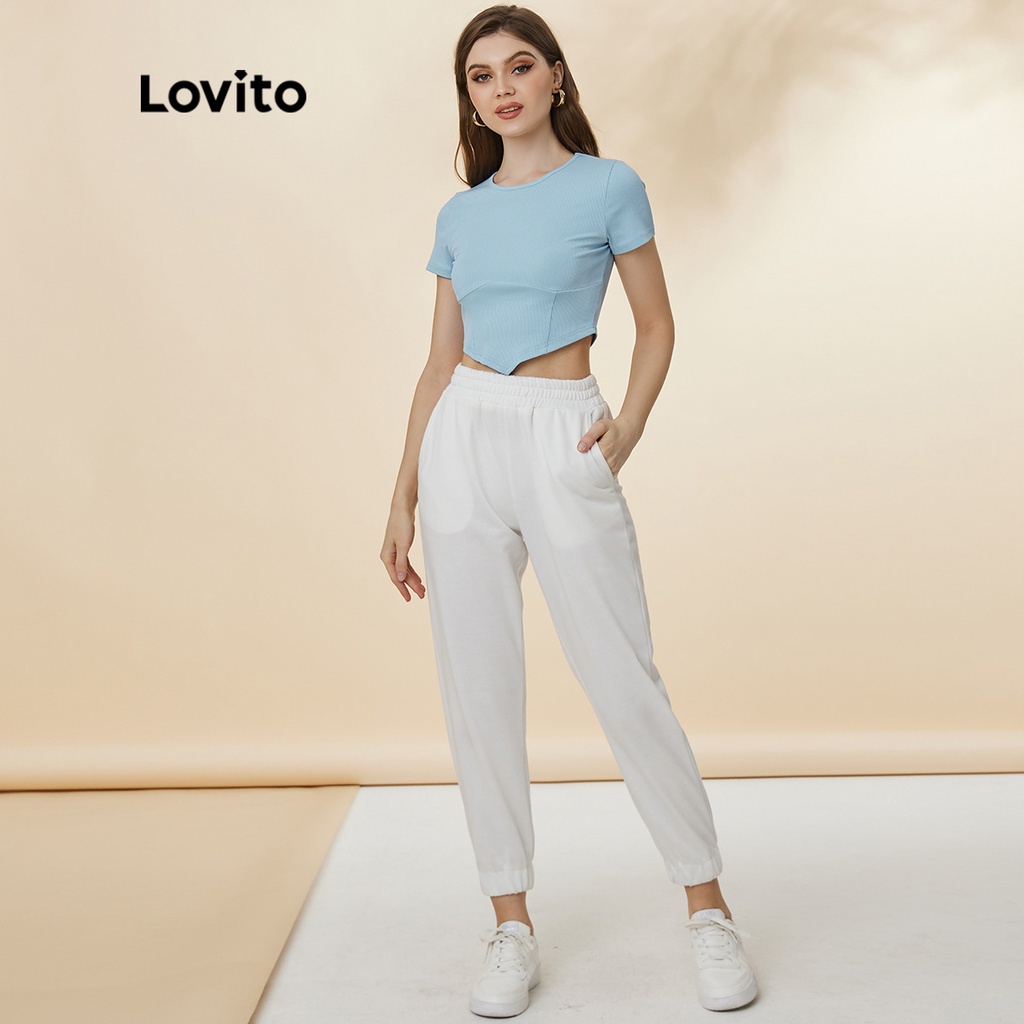 Áo thun dáng ngắn Lovito cổ tròn tay ngắn trơn màu L19D406 (màu xanh dương)