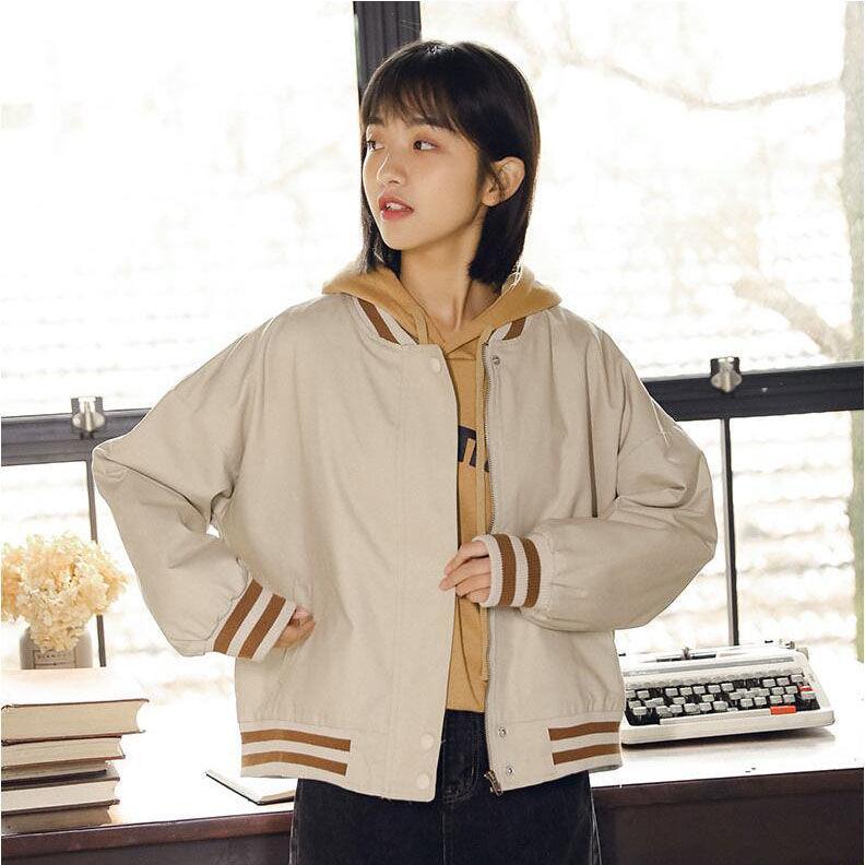 IMAODOU Harajuku Korean Fashion Style Loose Baseball Jacket For Women Short Striped Collar Simple New Style