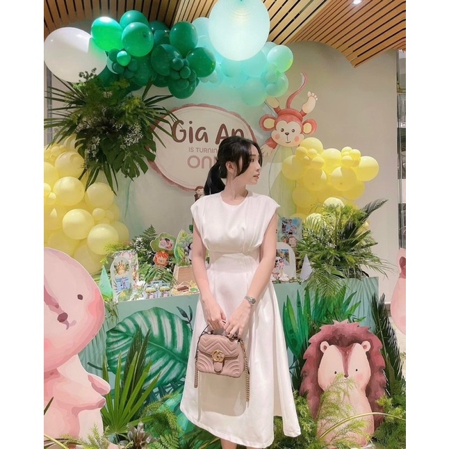 Đầm midi li eo tay hến dáng xoè trắng đen [kèm hình thật]