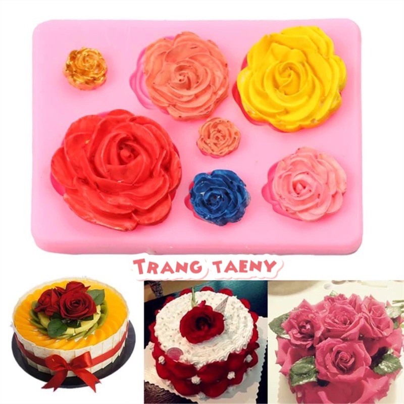 Tấm silicon 7 hoa hồng 3D làm fondant, trang trí bánh trung thu hiện đại
