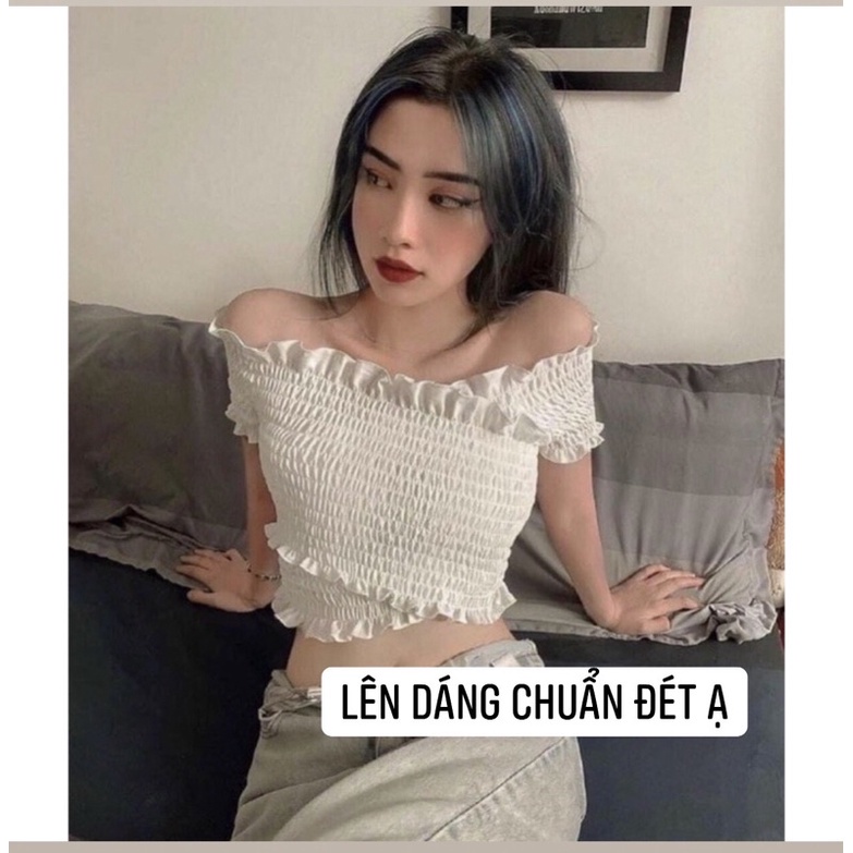 Áo Croptop Trễ Vai Nhún Đắp Chéo Chất Liệu Voan Co Giãn Nhẹ - Titifa Shop