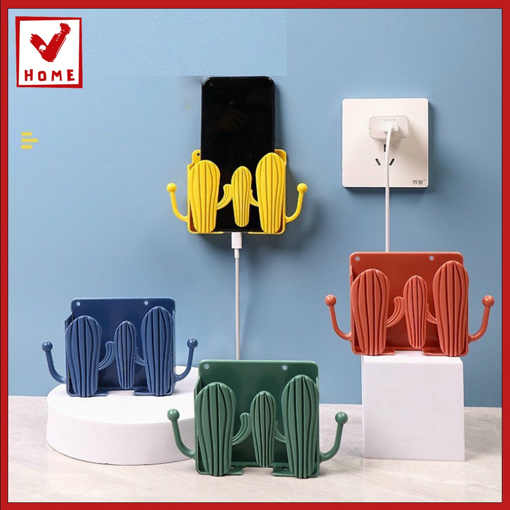 Kệ Dán Tường Có Tai Để Remote, Đồ Dùng / Giá Đỡ Sạc Điện Thoại - Có Móc Treo Chìa Khóa, Dây Sạc Hình Cây Xương Rồng