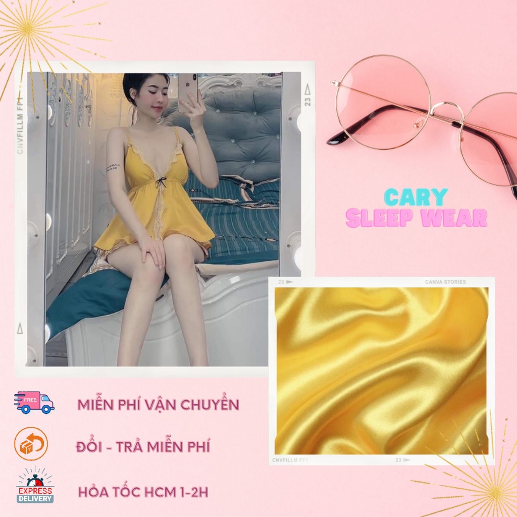Đồ ngủ sexy nữ, đồ ngủ 2 dây có mút ngực đan dây lưng CARY