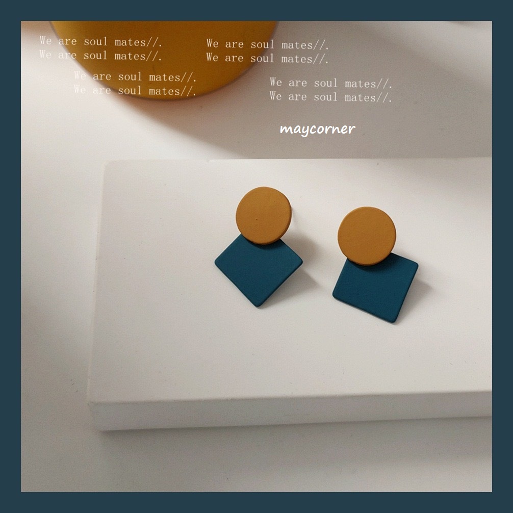 Vintage với bông tai hình học xanh 1527 mạ 925 cao cấp