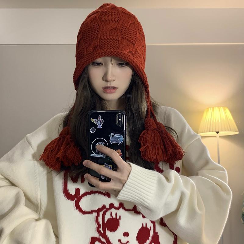 Mũ Len Bảo Vệ Tai Phối Tua Rua Thời Trang Thu Đông Cho Nữ