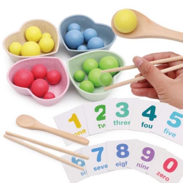 Giáo cụ Montessori bộ đồ chơi gắp bi gỗ