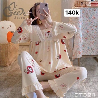 Bộ nữ pijama thun mềm phối nơ cực xinh tay dài quần dài