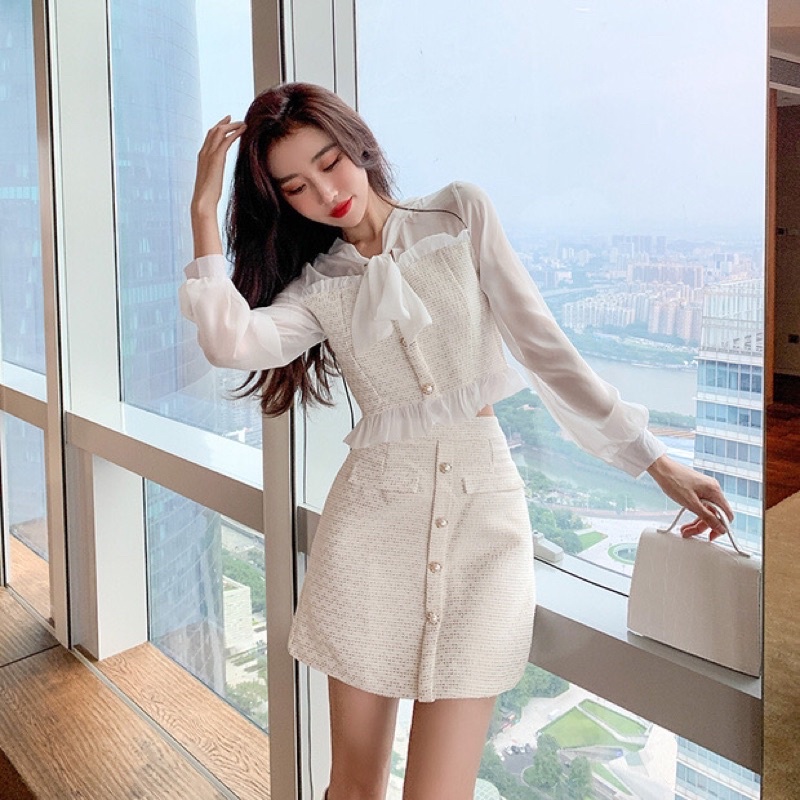 Sét 2 chi tiết dạ Tweed phối tay voan sẵn sz S