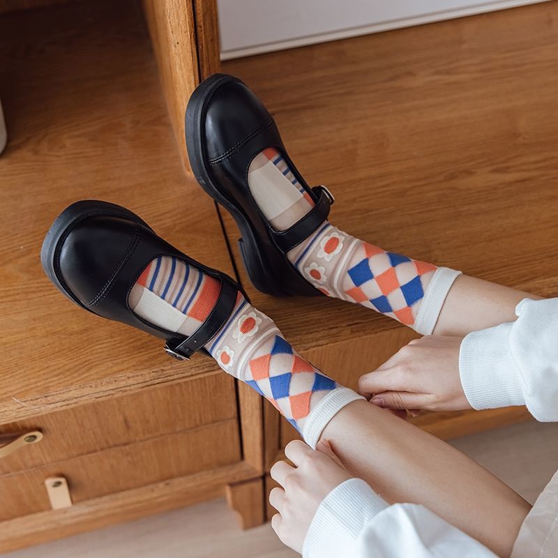 Tất, Vớ Cotton Pha Ren Lưới Đính Hoa Flower Calf Socks