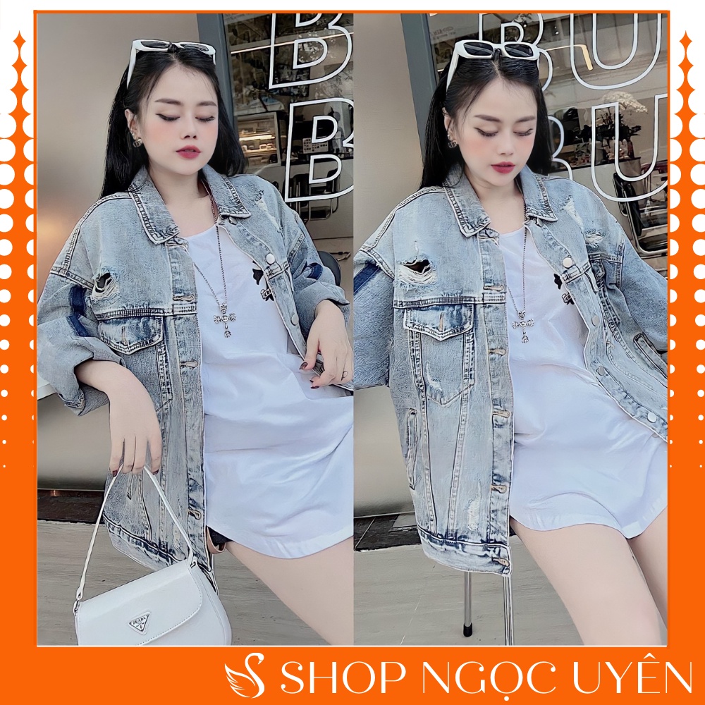 Áo Khoác Jeans Loang Rách Nữ 🦋 Áo khoác bò denim rách oversize 2 🦋 Hàng đẹp QC - Ngọc Uyên Store