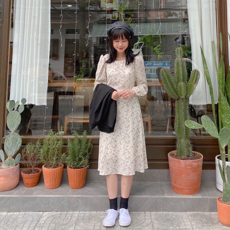 [Ảnh thật] Váy hoa nhí dáng dài thắt nơ - Váy hoa cỏ chất lụa hàn vintage