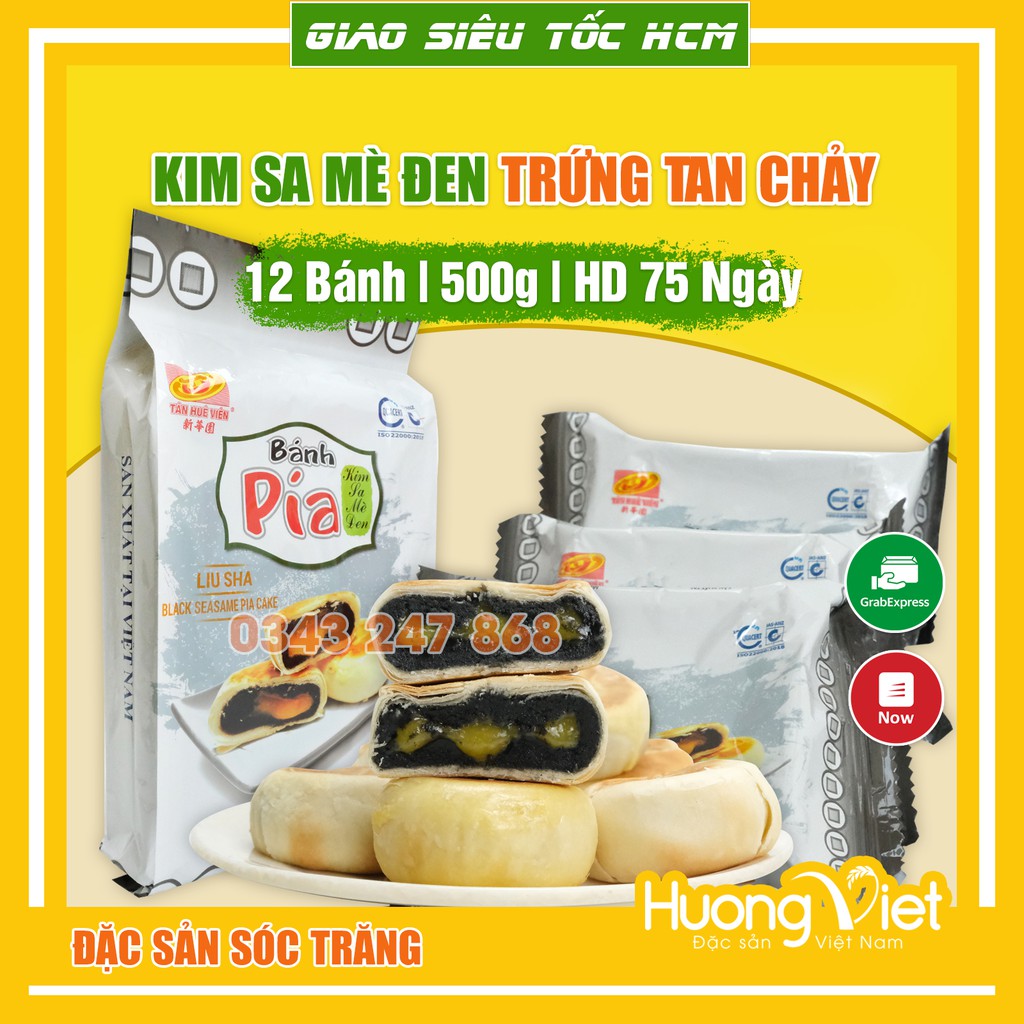 Bánh pía kim sa mè đen tan chảy Tân Huê Viên 500g , bánh pía Sóc Trăng không sầu riêng trứng chảy [MÈ ĐEN TÚI 12 BÁNH]