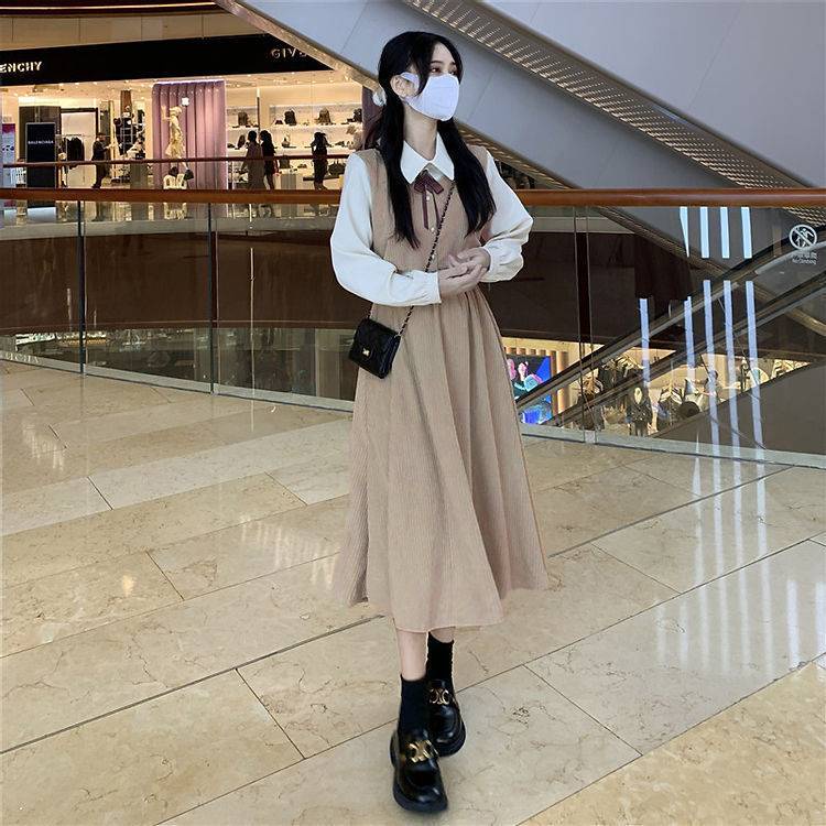 Váy babydoll đầm babydoll Đầm Tay Dài Giả Hai Lớp Phong Cách Pháp Cổ Điển Thời Trang Thu Đông Kiểu Mới 2022