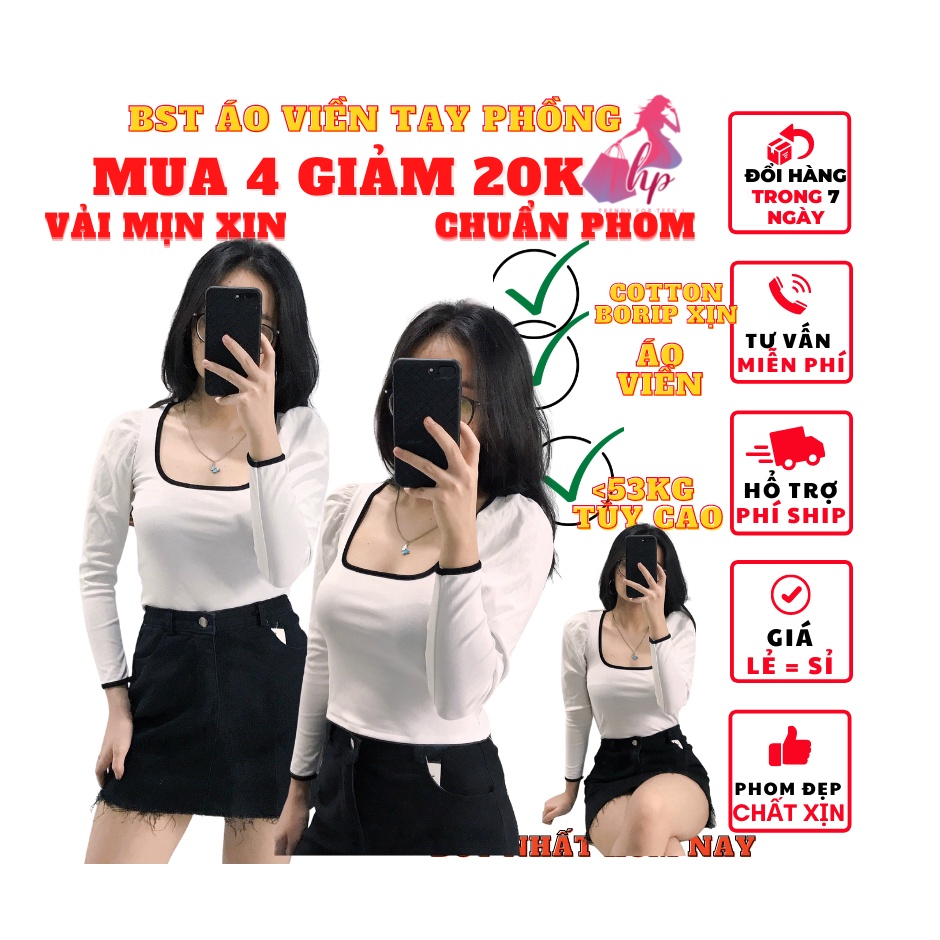 Áo thun nữ tay phồng viền đẹp dáng ôm body cổ vuông tay dài màu trắng đen phong cách hàn quốc  thời trang 2021