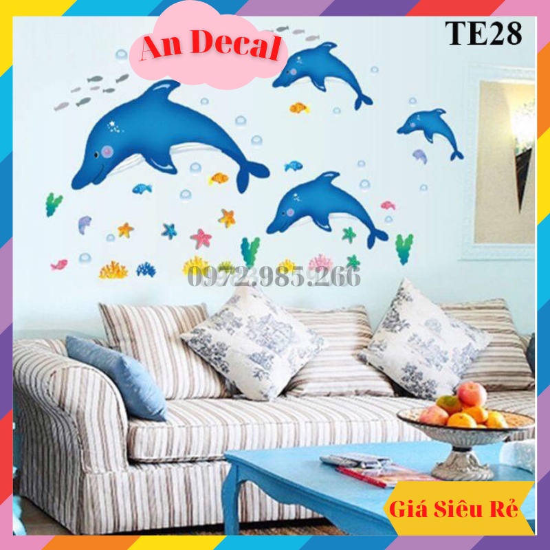 Tranh decal, decal dán tường, dán kính trang trí phòng, nhà tắm cho bé đàn cá heo vui nhộn TE28