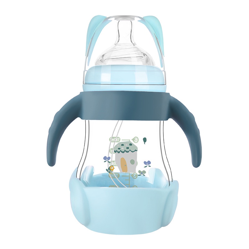 Bình Sữa Thủy Tinh Dung Tích 180ml Có Tay Cầm Và Ống Hút Chống Đầy Hơi Chống Rơi Cho Bé