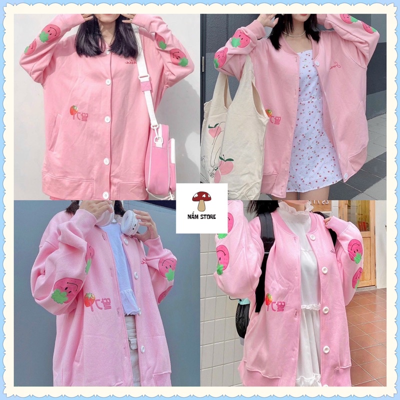 Áo Khoác Cardigan tay dài in hình trái Dâu Ulzzang màu hồng dâu