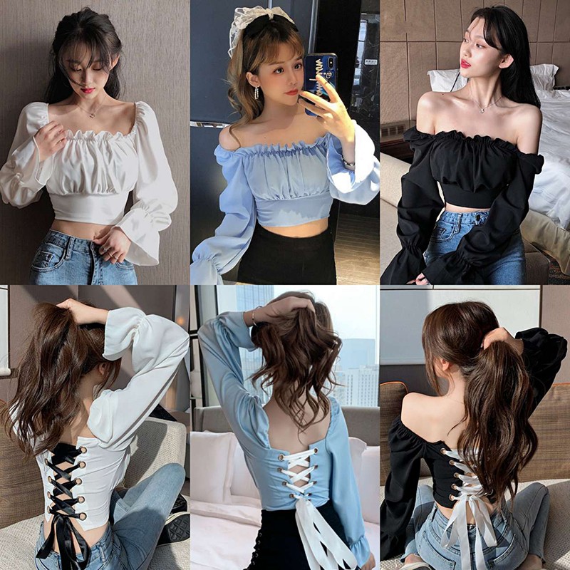 Áo Croptop Tay Dài Thiết Kế Trễ Vai Thời Trang Quyến Rũ