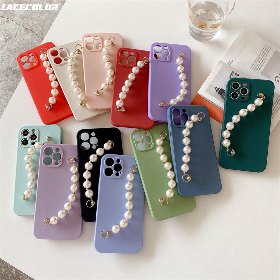 Ốp Điện Thoại Dẻo Đính Ngọc Trai Sang Trọng Kèm Dây Đeo Tay Cho iPhone 7 8 Plus 11 12 13 Pro MAX X XR XS MAX SE 2020 2022