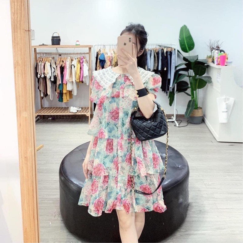 [Hàng Chuẩn] Váy Hoa Babydoll Tầng Cổ Ren 2 Màu Sang Chảnh Có Ảnh Thật Kèm Video
