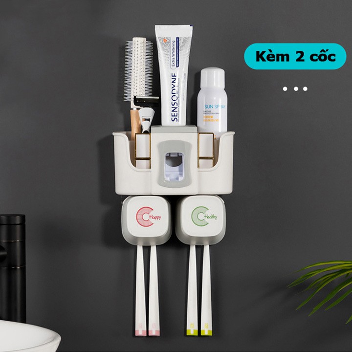 Kệ happy để đồ nhà tắm treo bàn chải đánh răng nhả kem tự động tặng kèm cốc