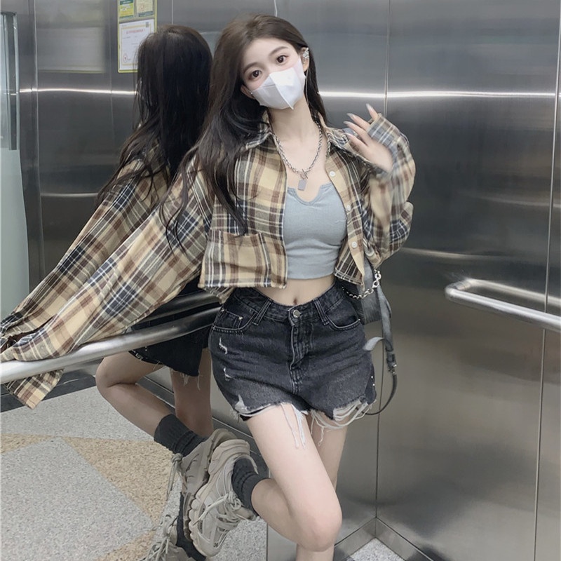 Áo Sơ Mi Nữ Ca Rô Dài Tay Cổ Bẻ Thời Trang Hàn