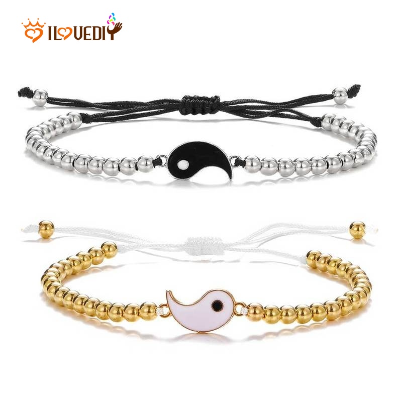 Set 2 Vòng Tay Bện Dây Mặt Âm Dương Thời Trang