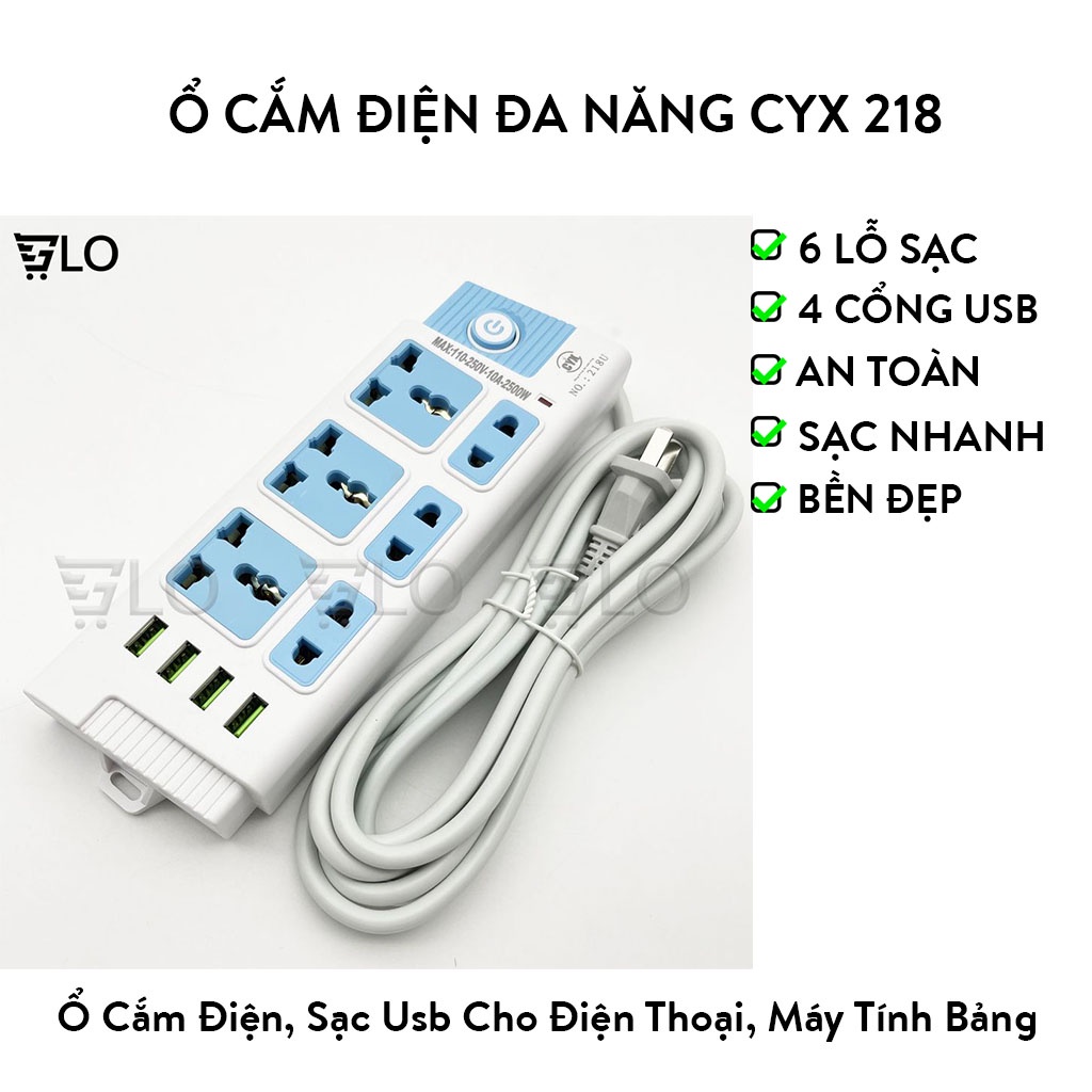 Ổ Cắm Điện CYX K218 Có 4 Cổng USB Tích Hợp Sạc Đa Năng, 3 Ổ Cắm 3 Chấu,3 Ổ Cắm 2 Chấu Dây Dài 3M Công Suất 2500W