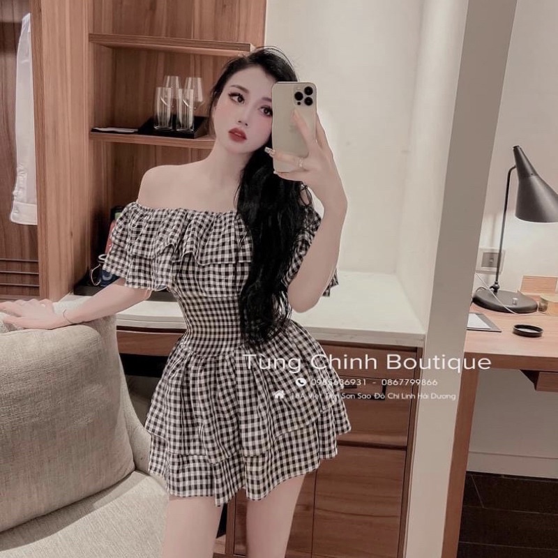 Đầm Kẻ Xanh Bèo Vai Thiết Kế Xếp Tầng Thời Trang 2 Màu✌️Ảnh Thật