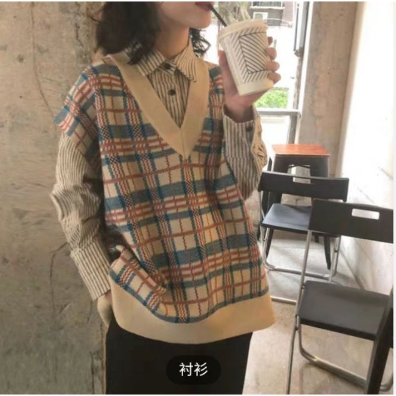 áo gile len caro màu kem chất dày