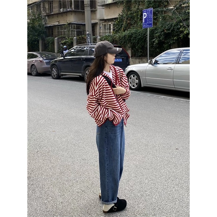 Áo hoodie ZHELIHANGFEI tay dài dáng rộng họa tiết kẻ sọc dễ phối đồ