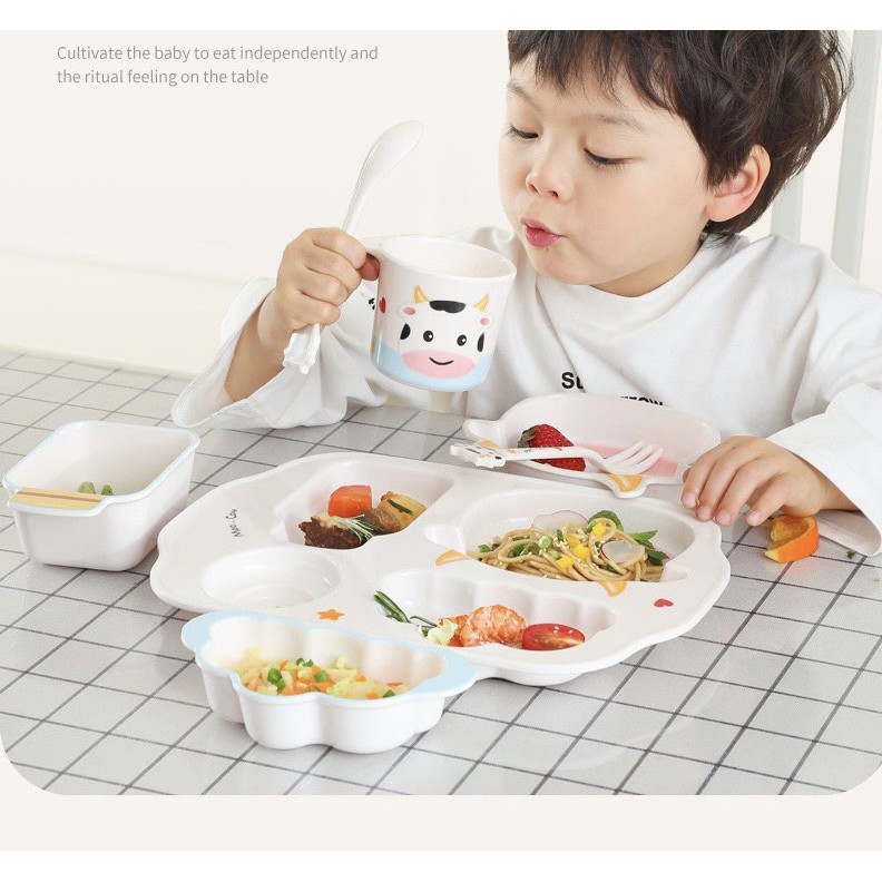 Set 7 Món Khay, Bát, Cốc, Dĩa và Thìa Ăn Dặm Hữu Cơ Tự Nhiên SHALL Cao Cấp Cho Bé - Bò Sữa
