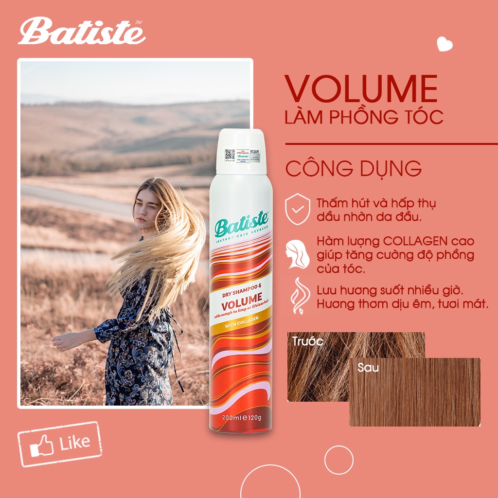 Dầu gội khô Batiste Dry Shampoo dòng chuyên sâu giải quyết mọi vấn đề về tóc 200ml