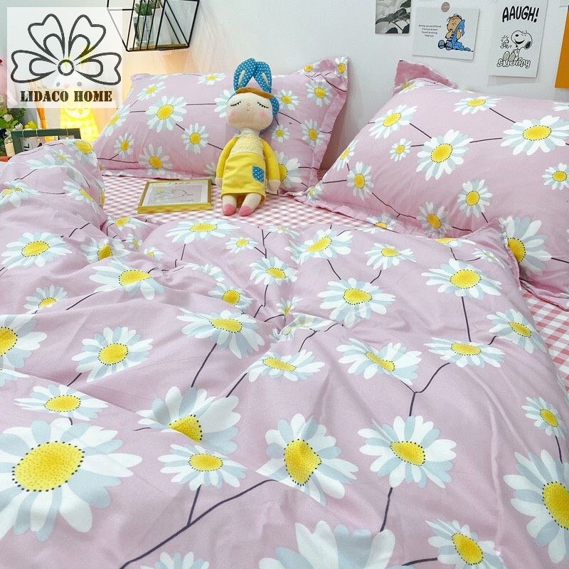 Bộ chăn ga gối cotton poly Lidaco decor phòng ngủ vintage - Cúc Họa Mi (SP001132)