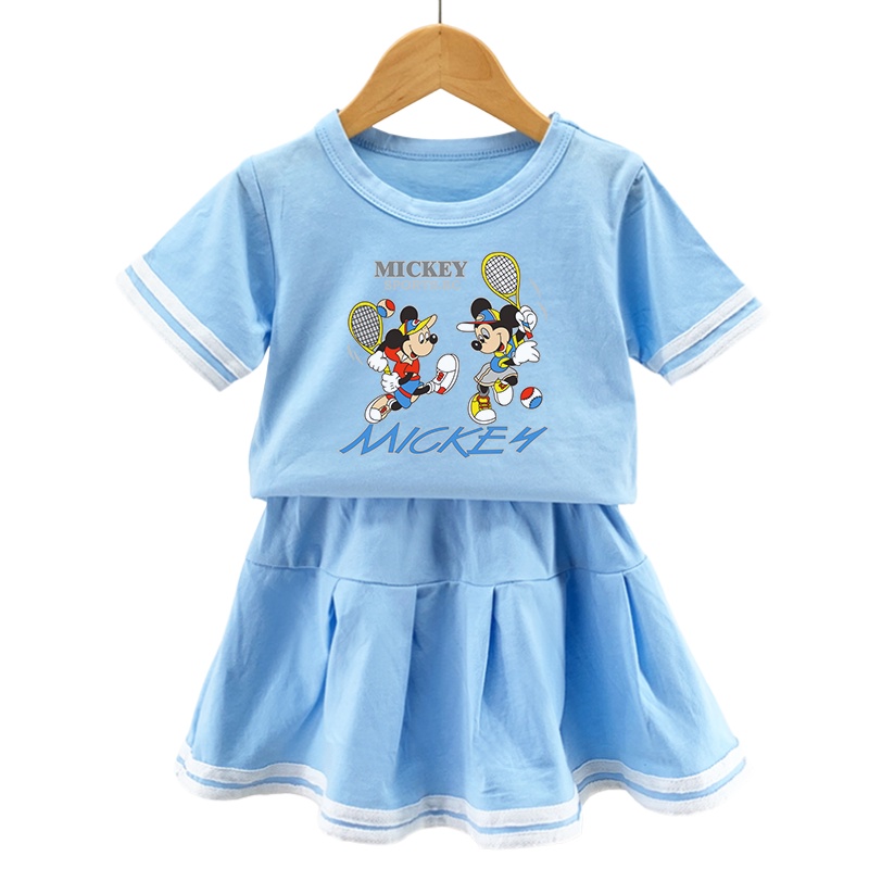 Bộ 2 Món Áo Thun 100% Cotton + Chân Váy Xếp Ly Họa Tiết Chuột Mickey Minnie Dễ Thương Cho Bé Gái 2022