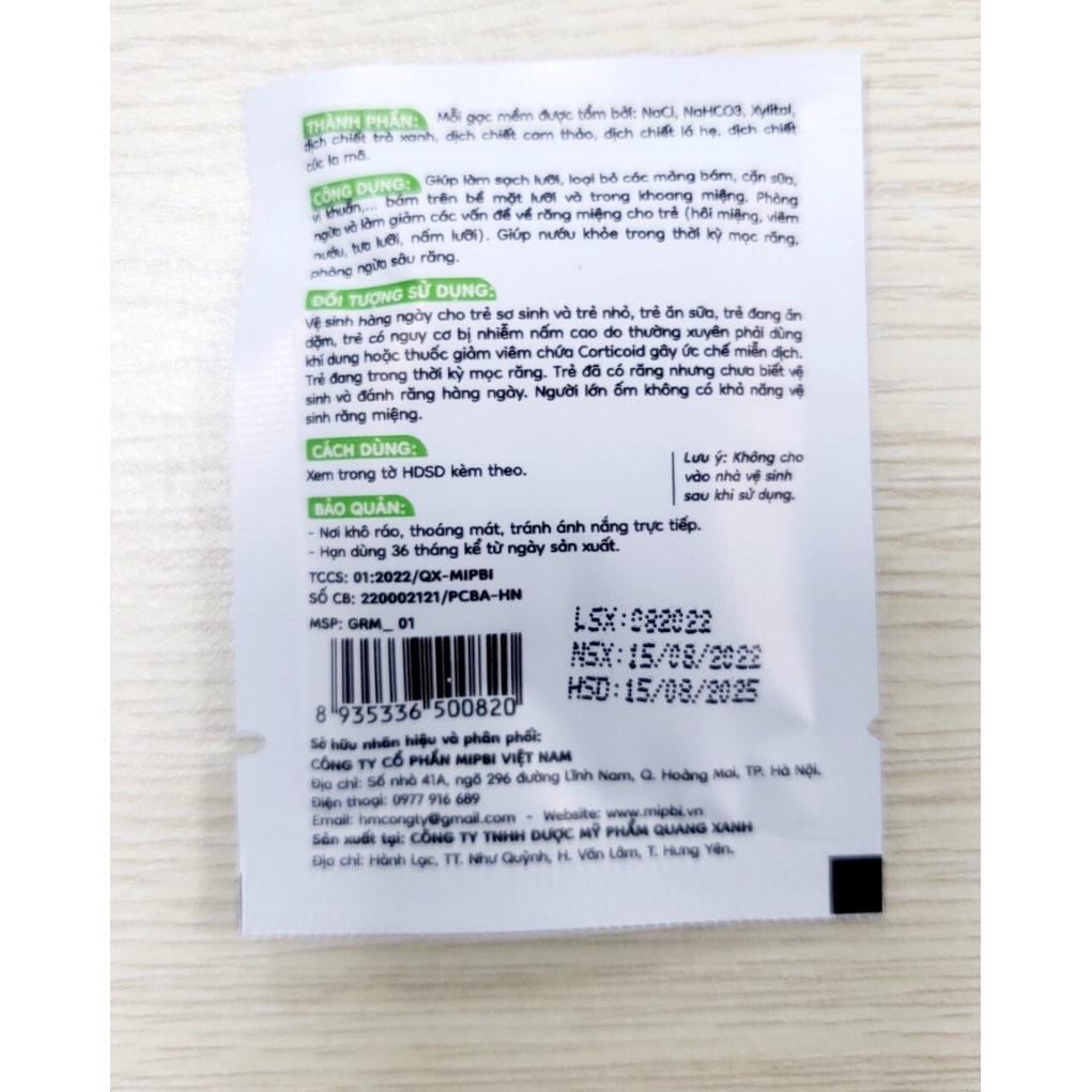 Gạc rơ lưỡi vệ sinh răng miệng cho bé Mipbi thành phần lá hẹ hỗ trợ bé mọc răng tốt hộp 30 gói