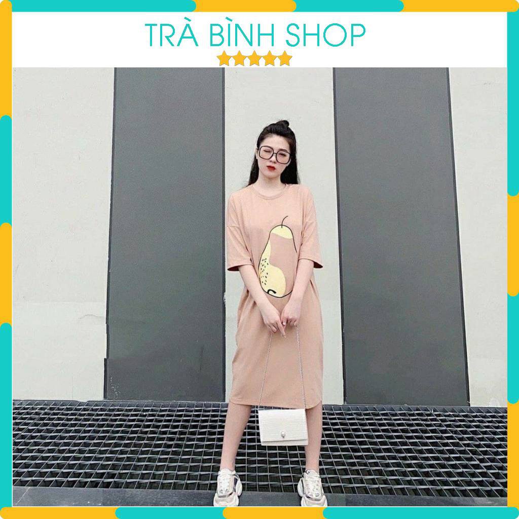 Đầm Suông Nữ Ngắn Tay Váy Dáng Dài In Họa Tiết Hình Hoa Quả Chất Thun Cotton Hàng VNXK