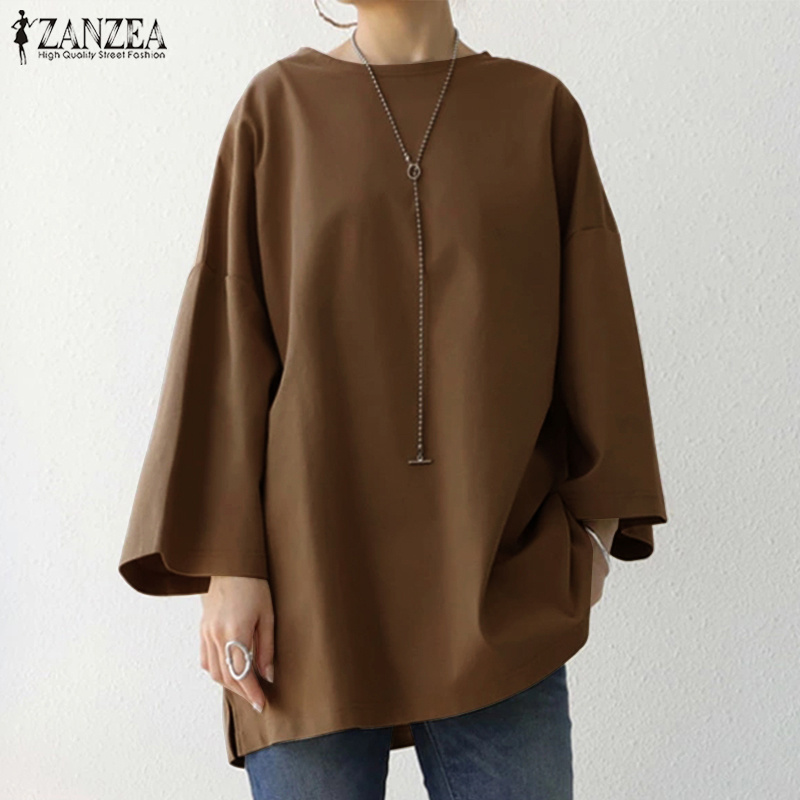 ZANZEA Áo Kiểu Cổ Tròn Tay Dài Màu Trơn Đơn Giản Dành Cho Bạn Nữ