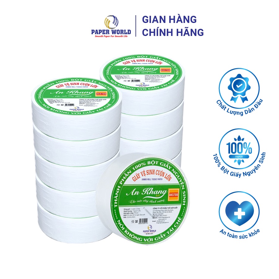 Combo 10 Giấy vệ sinh cuộn lớn cao cấp 700g AN KHANG SOFT | Thế Giới Giấy | 100% bột giấy nguyên sinh | AKS700