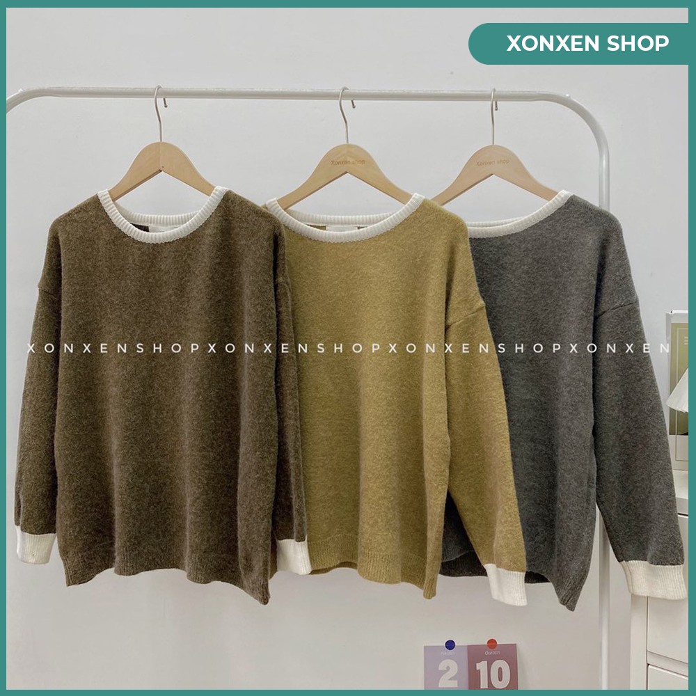 Áo len form rộng XONXEN SHOP HUẾ  Áo len dài tay viền màu dễ thương freesize mã 6903