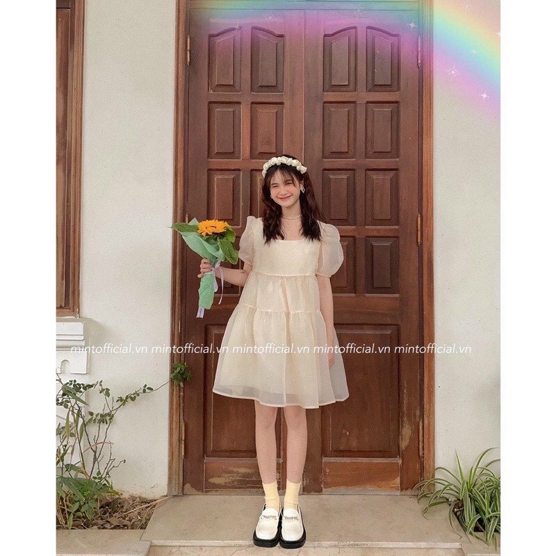 Váy Baby Doll Tay Phồng Công Chúa Chất Voan Tơ, Đầm Nữ Cổ Vuông Hàng 2 Lớp Phong Cách Ulzzang