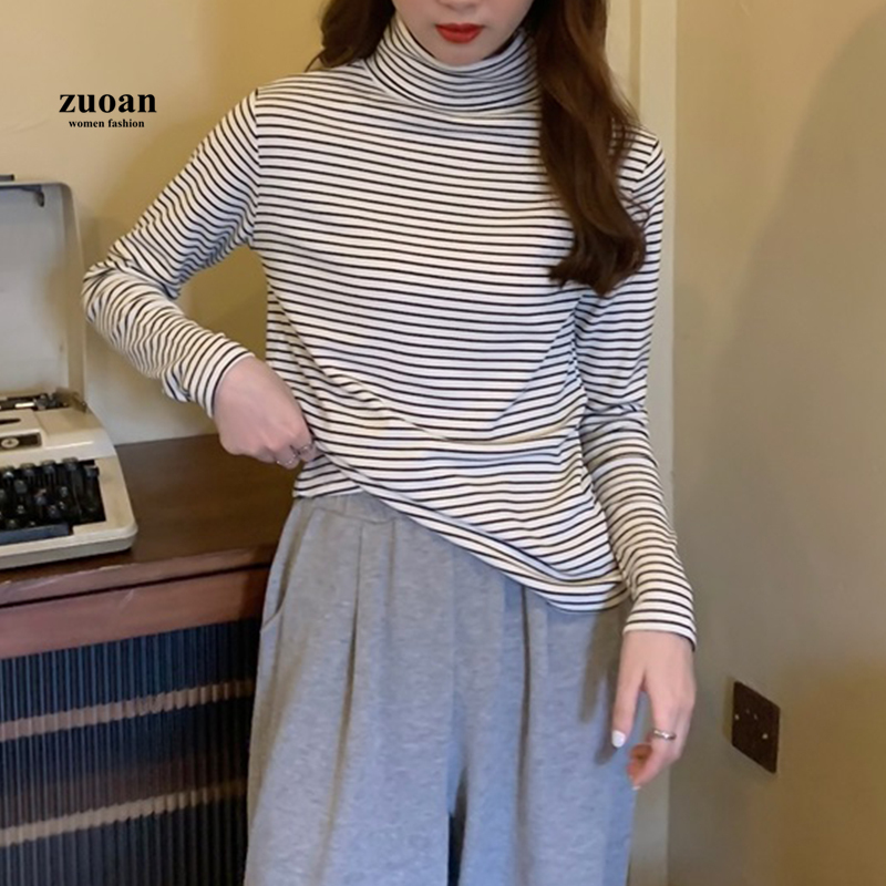 SUXI Áo cổ cao tay dài họa tiết sọc ngang trơn đáng yêu thời trang cho nữ