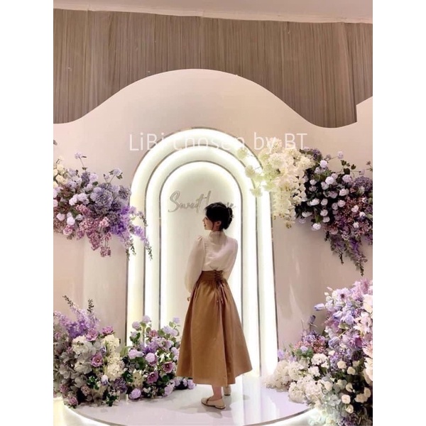 Set sơ mi lụa + chân váy maxi