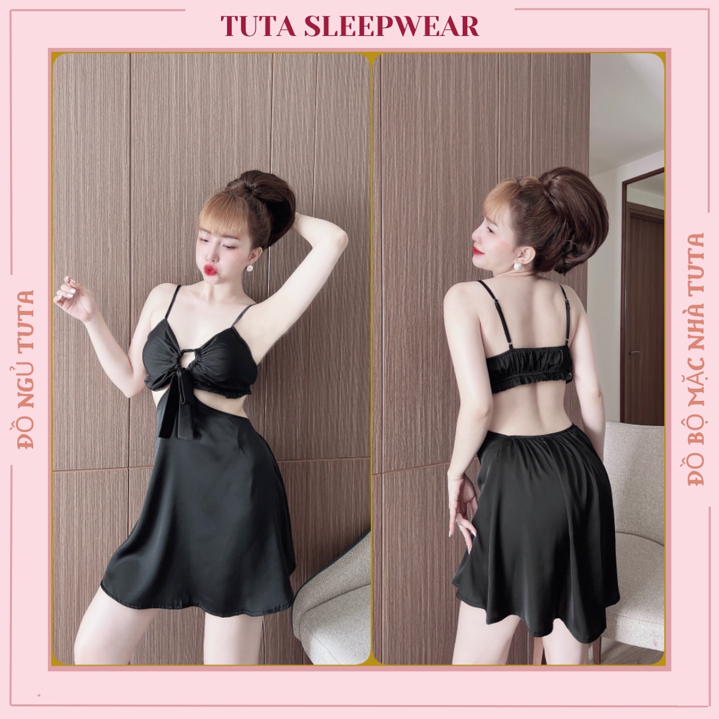 Đầm ngủ nữ 2 dây phối ren sexy hở lưng TUTA chất vải luạ satin cao cấp mềm mượt thoáng mát (Tặng kèm quần ngủ lụa)-dn039