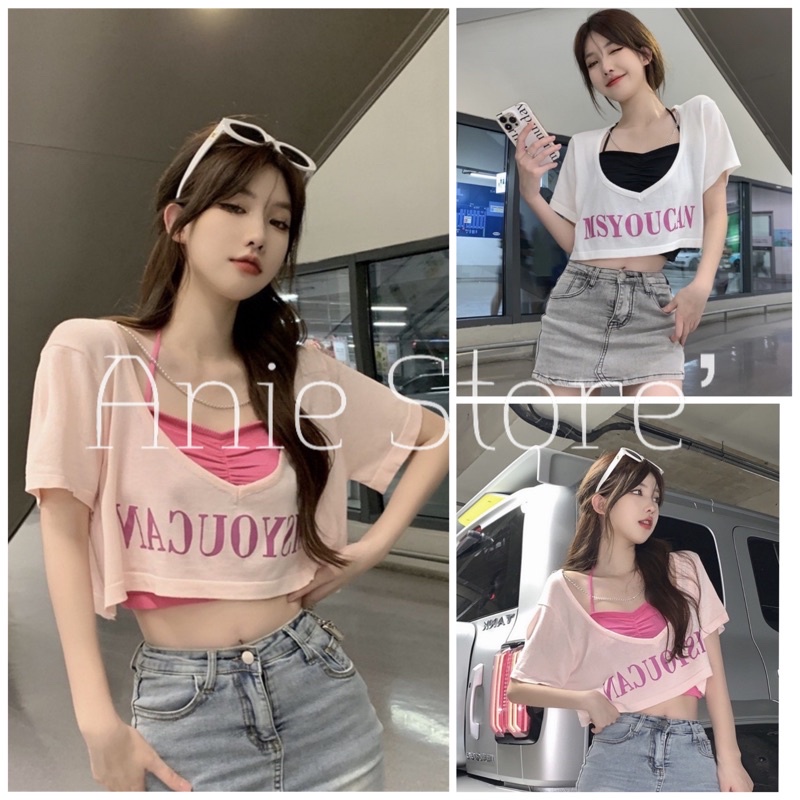 Bộ Áo Croptop Cộc Tay MSYOU Áo Yếm 🦋 Set Áo Crt Nữ Kèm Áo Dây 2 Màu 🦋